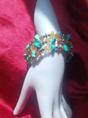 Turquoise & Amber Chip Beaded Stretch Bracelet - Women Jewelry